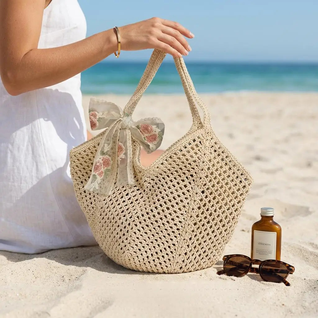 Ensemble de deux sacs fourre-tout en crochet pour femme, grand cabas tissé ajouré