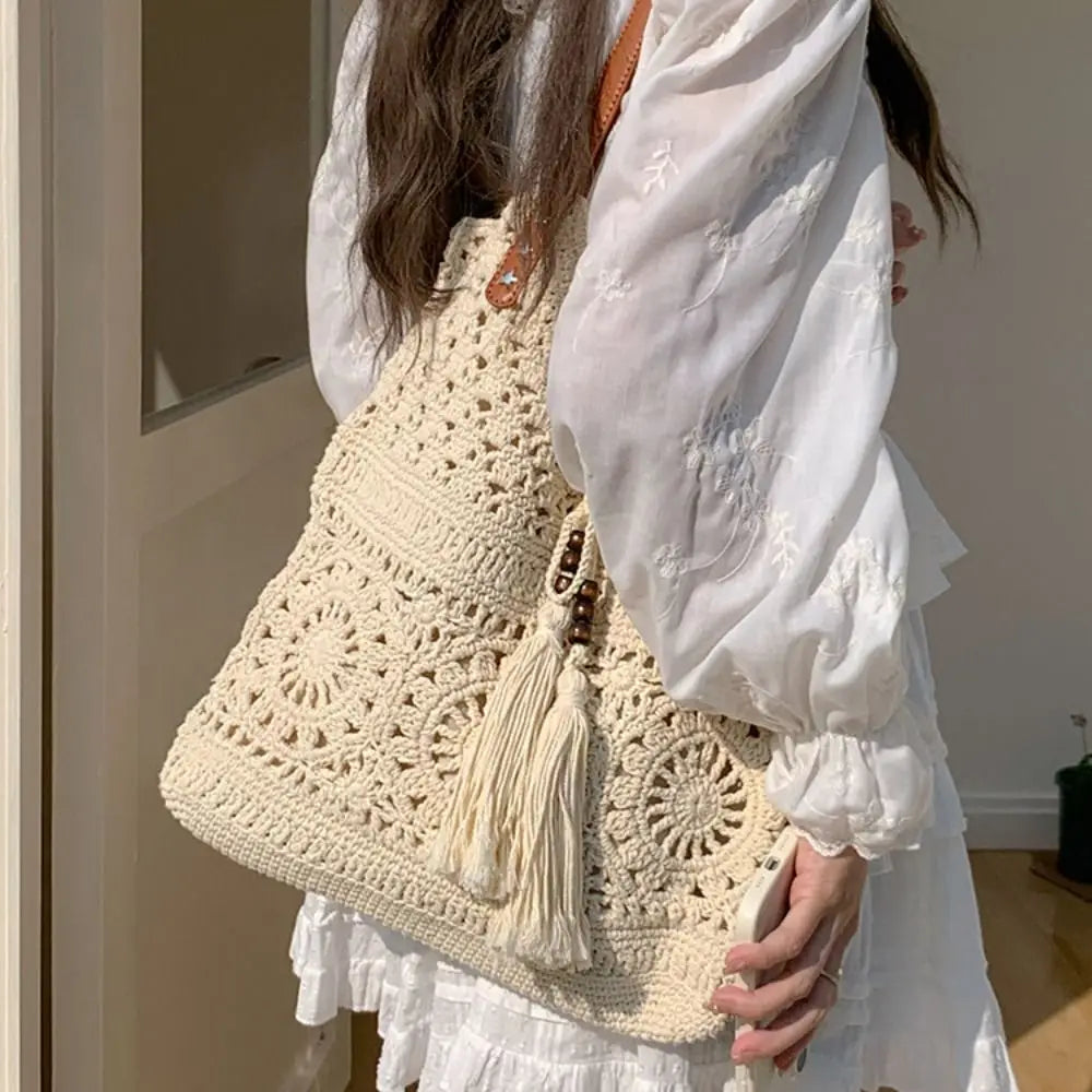Bohemian Crochet Tote Bag Large Capacity Boho Weave Ethnic Beach Style Bag