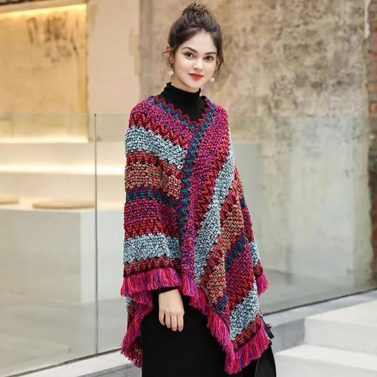 Striped Tassel Knit Shawl For Women Poncho Style Polyester 65x70cm