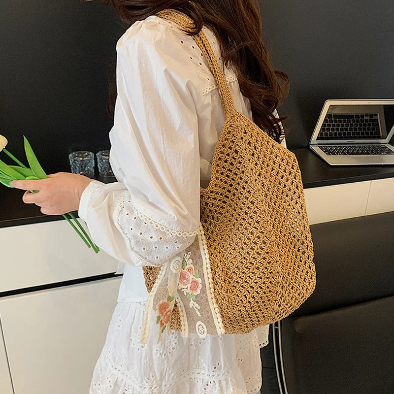 Summer Lace Bow Tote Bag For Women Raffia Rattan Crochet Shoulder Bag 2025