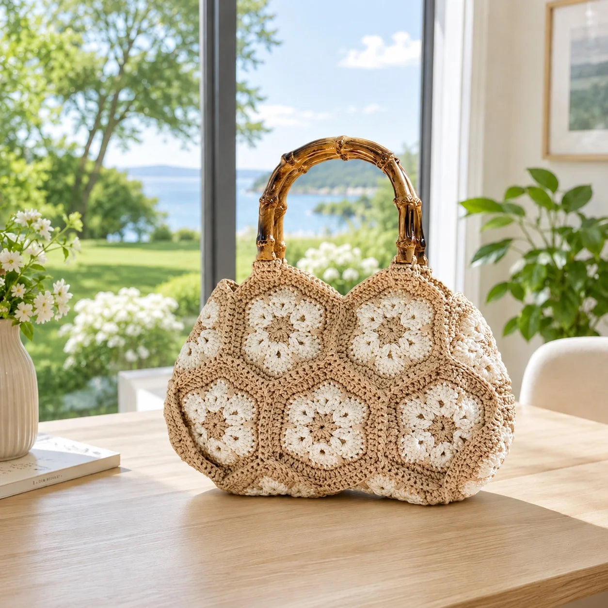Sac fourre-tout en crochet floral tissé à la main, style rétro, avec motifs "granny square" pour femme, idéal pour le quotidien et les voyages