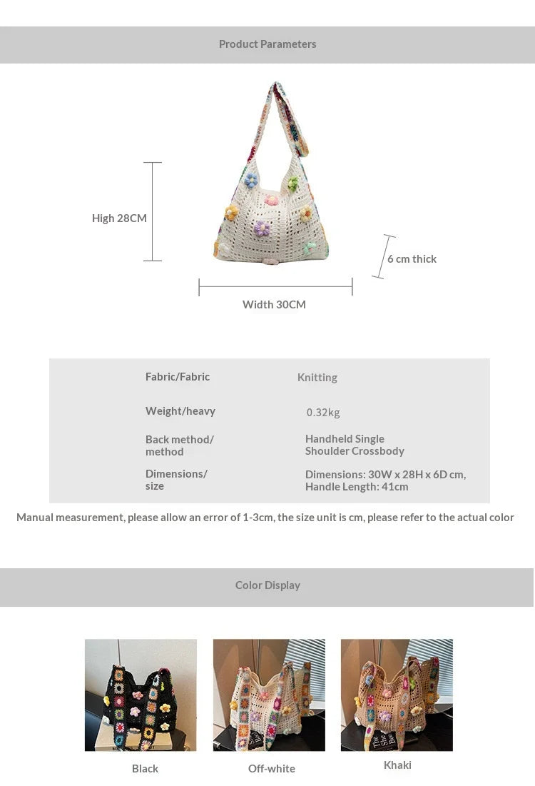 Knitted Tote Bag For Women Handmade Crochet Shoulder Beach Bag Capacity Travel