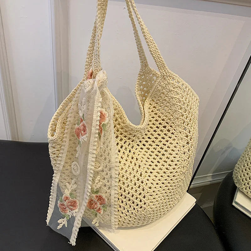 Summer Lace Bow Tote Bag For Women Raffia Rattan Crochet Shoulder Bag 2025
