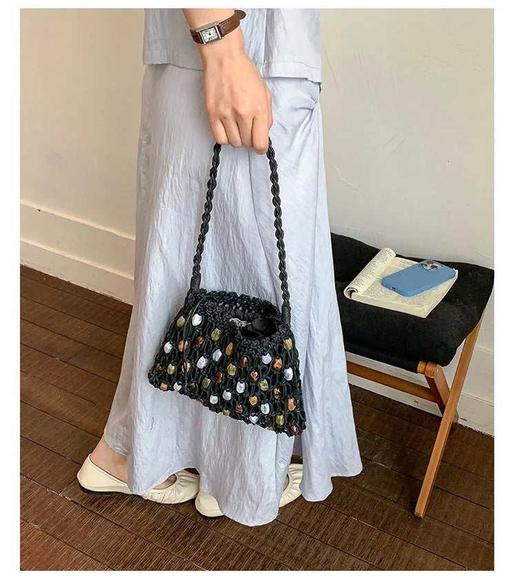 Hollow Beading Womens Shoulder Bag Rope Knitting Bohemian Crochet Mesh Tote Bag