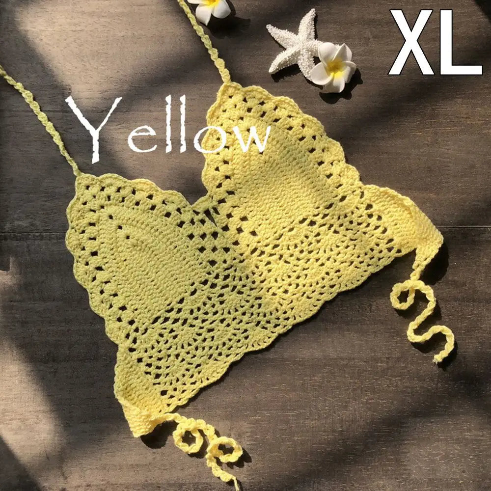 Haut court tricoté en crochet, type bralette, bikini, débardeur dos nu, style bohème, pour femmes