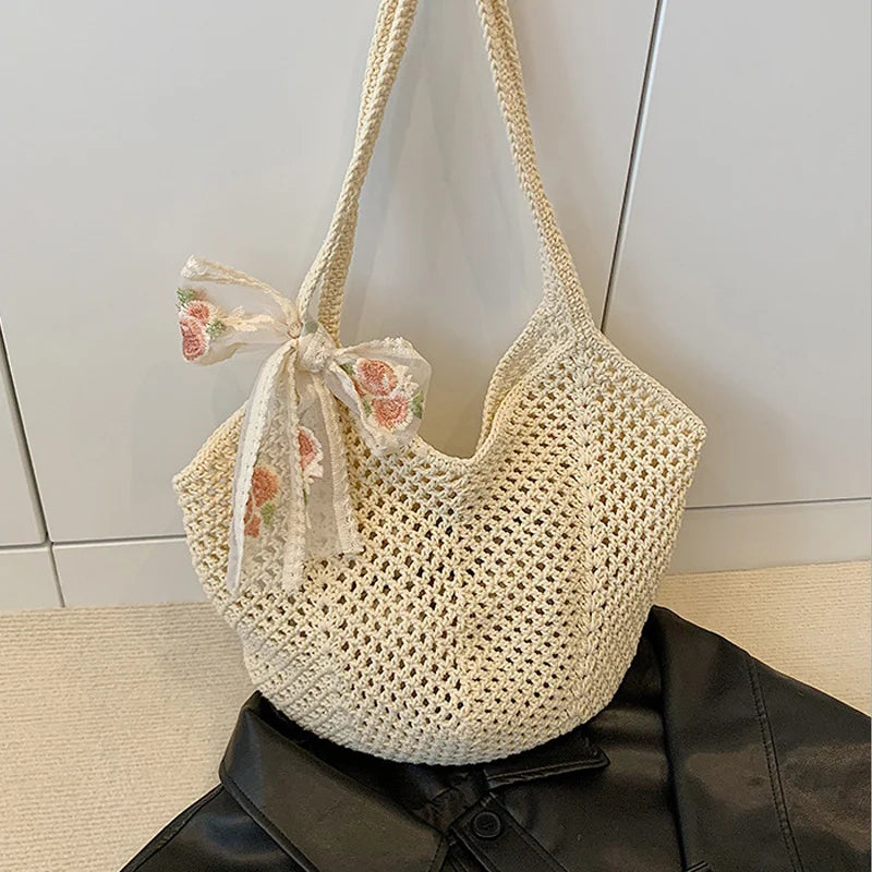 Summer Lace Bow Tote Bag For Women Raffia Rattan Crochet Shoulder Bag 2025