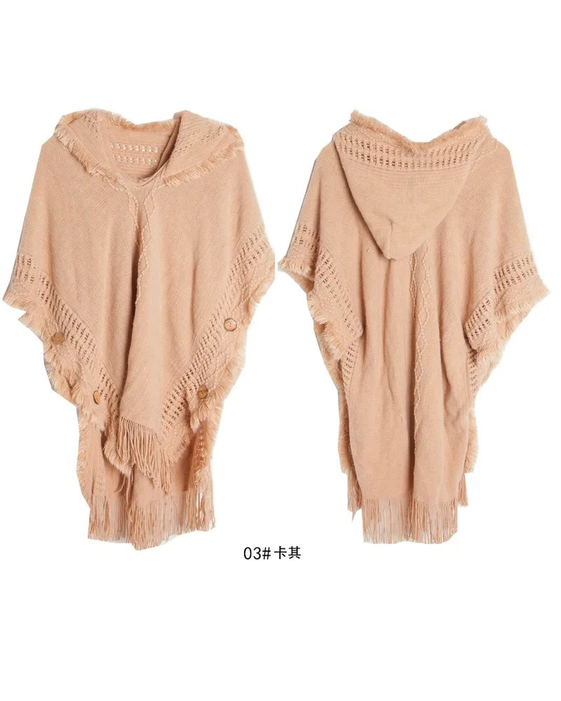 Hooded Crochet Cloak Poncho Shawl Boho Chic Knit Wrap For Women