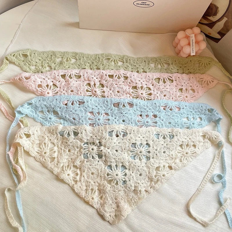 Bandana tricoté floral unisexe Chapeau fait main Triangle Bandeau vintage au crochet