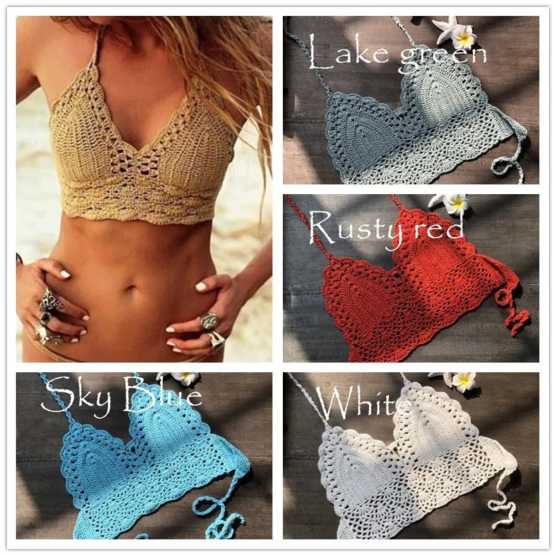 Halter Neck Crochet Crop Top Knit Bralette Backless Bikini Boho Beachwear