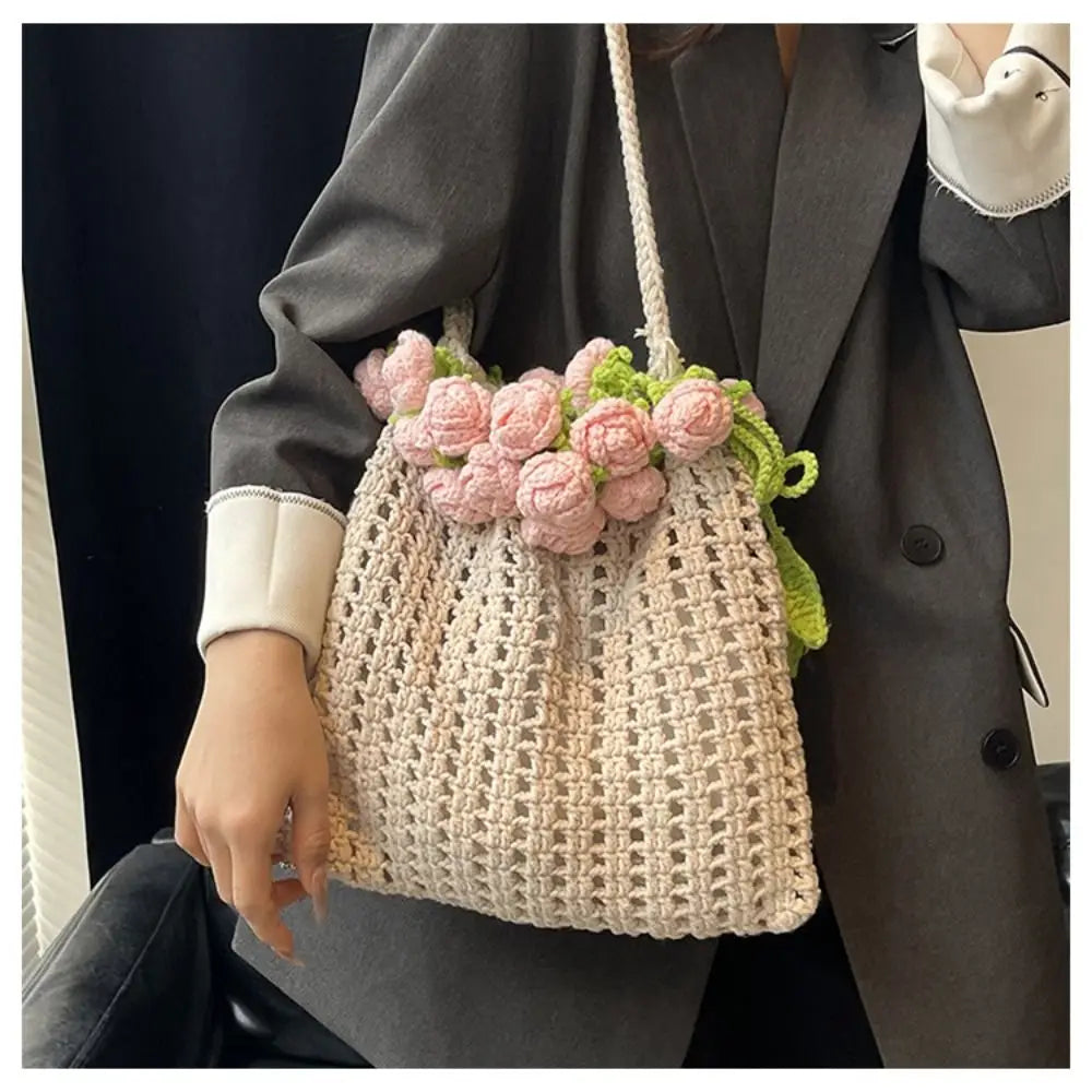 Bohemian Rose Crochet Rope Beach Bucket Bag With Flower Knitted Shoulder Bag