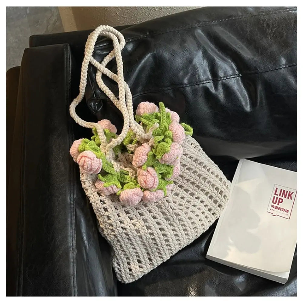 Bohemian Rose Crochet Rope Beach Bucket Bag With Flower Knitted Shoulder Bag