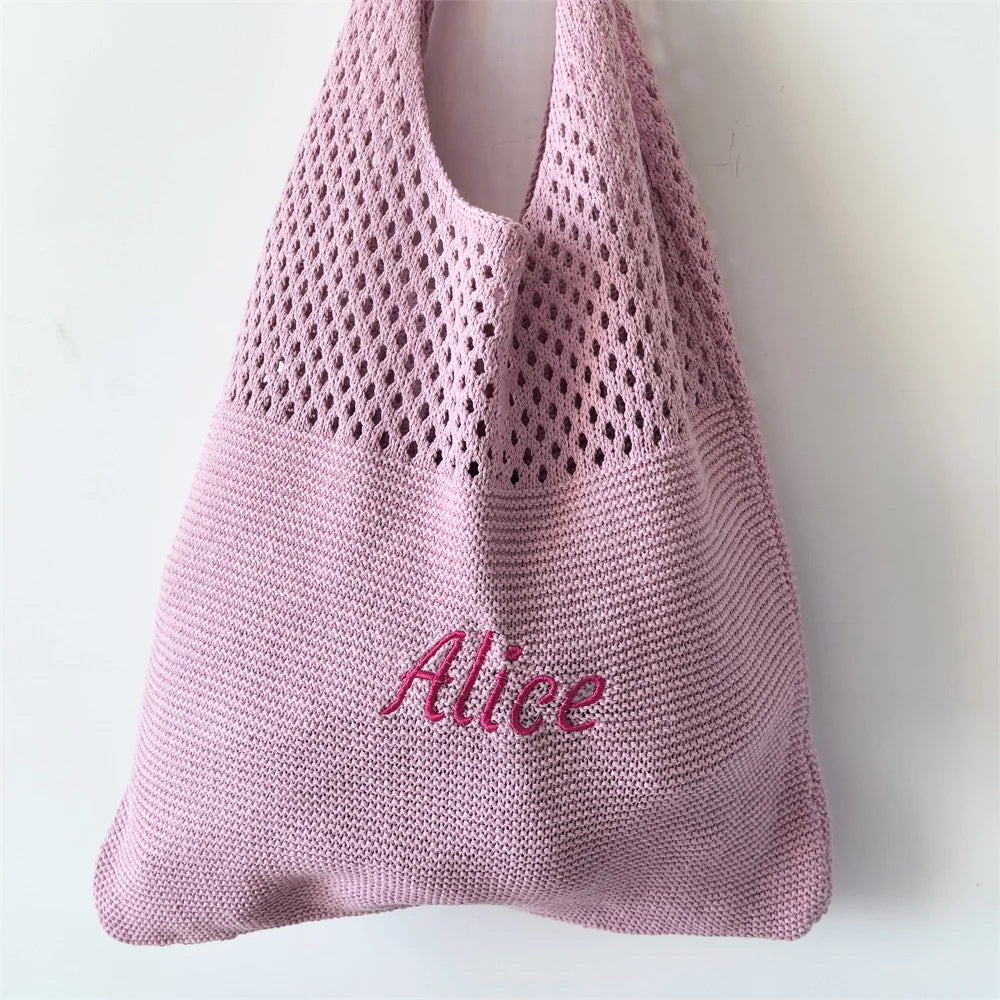 Personalized Knitted Wool Tote Bag Women Custom Embroidered Name Shopping Bag