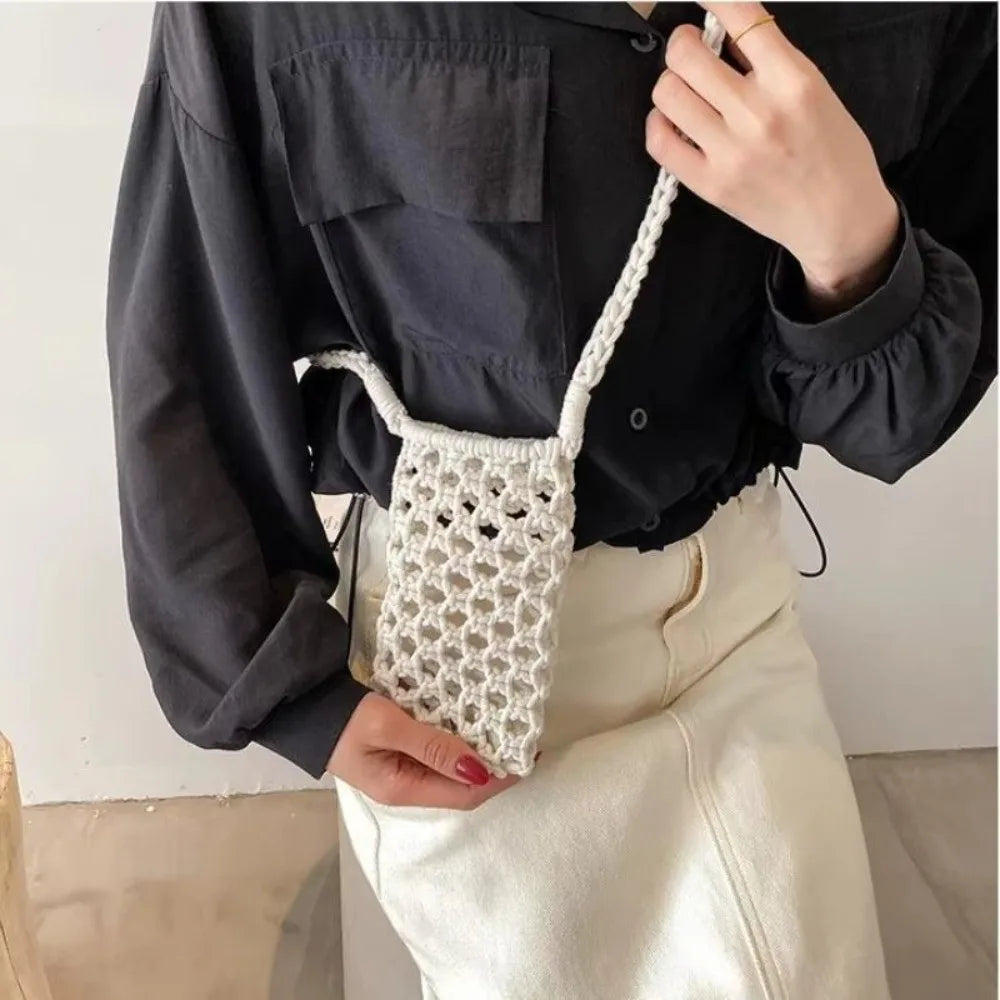 Sac à bandoulière en crochet creux tissé pour téléphone, léger, pour femme