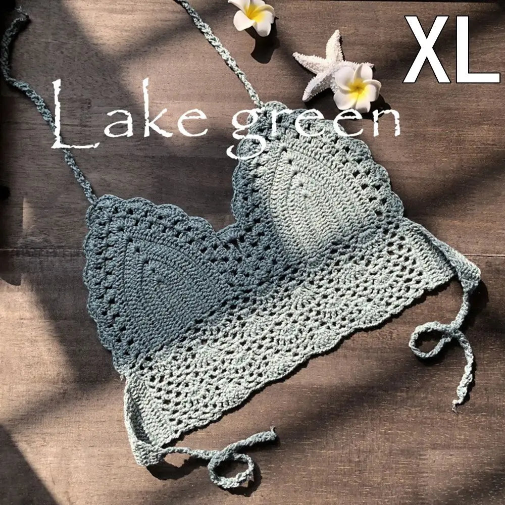 Haut court tricoté en crochet, type bralette, bikini, débardeur dos nu, style bohème, pour femmes