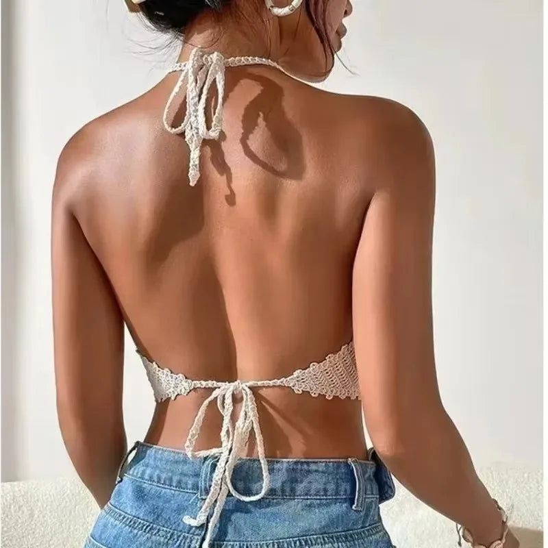 Crochet Bustier Beach Top HollowOut Adjustable Straps Padded Cups Y2K Swimwear