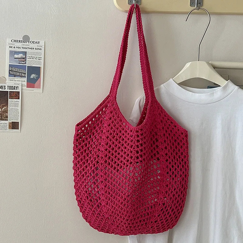 Grand sac fourre-tout à bandoulière en tricot pour l'été, sac de plage en maille pour femme