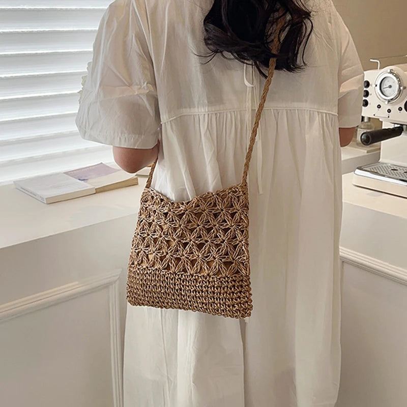 Women Beach Woven Straw Shoulder Messenger Bag Boho Crossbody Macrame Purse