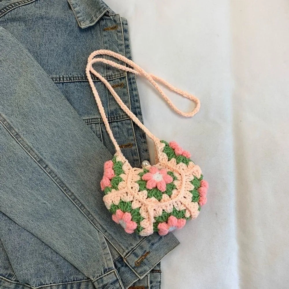Sweet Handmade Crochet Crossbody Bag Flower Pattern Corduroy Shoulder Bag