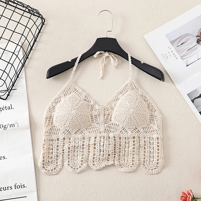 Débardeur court d'été en crochet ajouré pour femme, dos nu, style bandeau dos nu, pour la plage