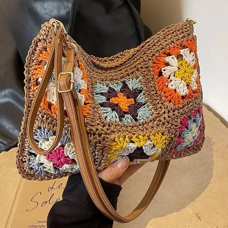 Summer Handmade Crochet Bag Retro Flower Paper Rope Crossbody Shoulder Bag