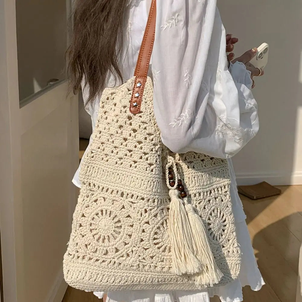 Bohemian Crochet Tote Bag Large Capacity Boho Weave Ethnic Beach Style Bag
