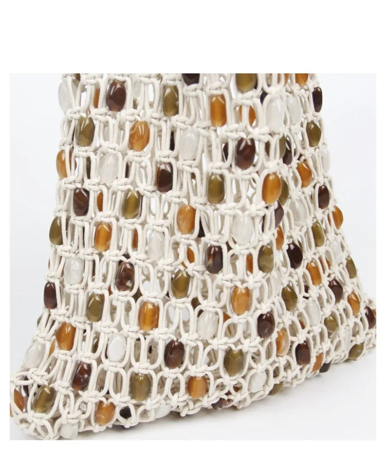 Bohemian Rope Crochet Women Bag Beading Beach Bag Handmade Woven Shoulder Bag