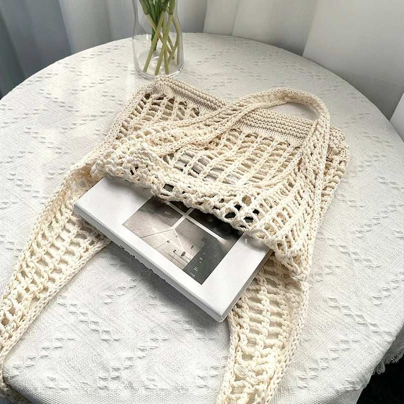 Solid Color Knitting Shoulder Bag Hollow Out Bohemian Crochet Tote For Women