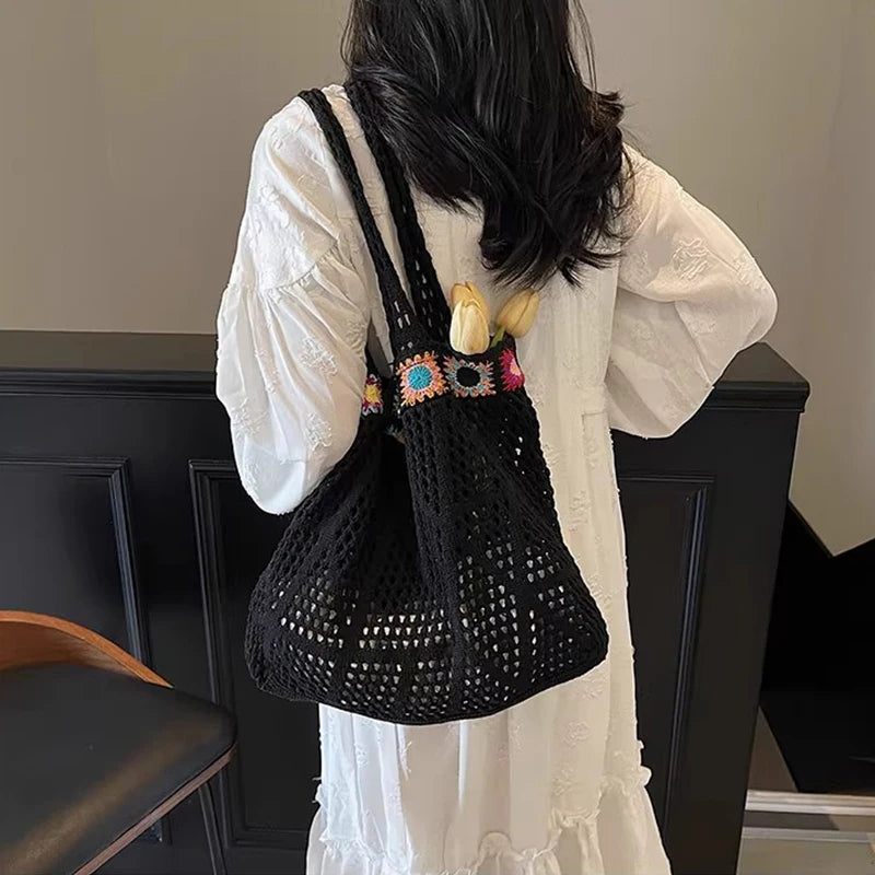 Bohemian Handmade Beach Tote Bag Beads Trim Straw Crochet Women Shoulder Bag