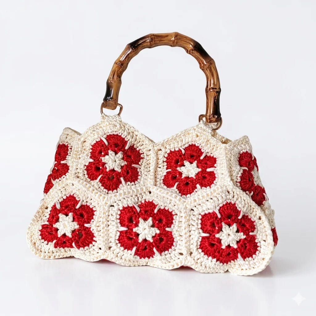 Handmade Crochet Granny Square Tote Bag With Bamboo Style Handle Vintage Flower