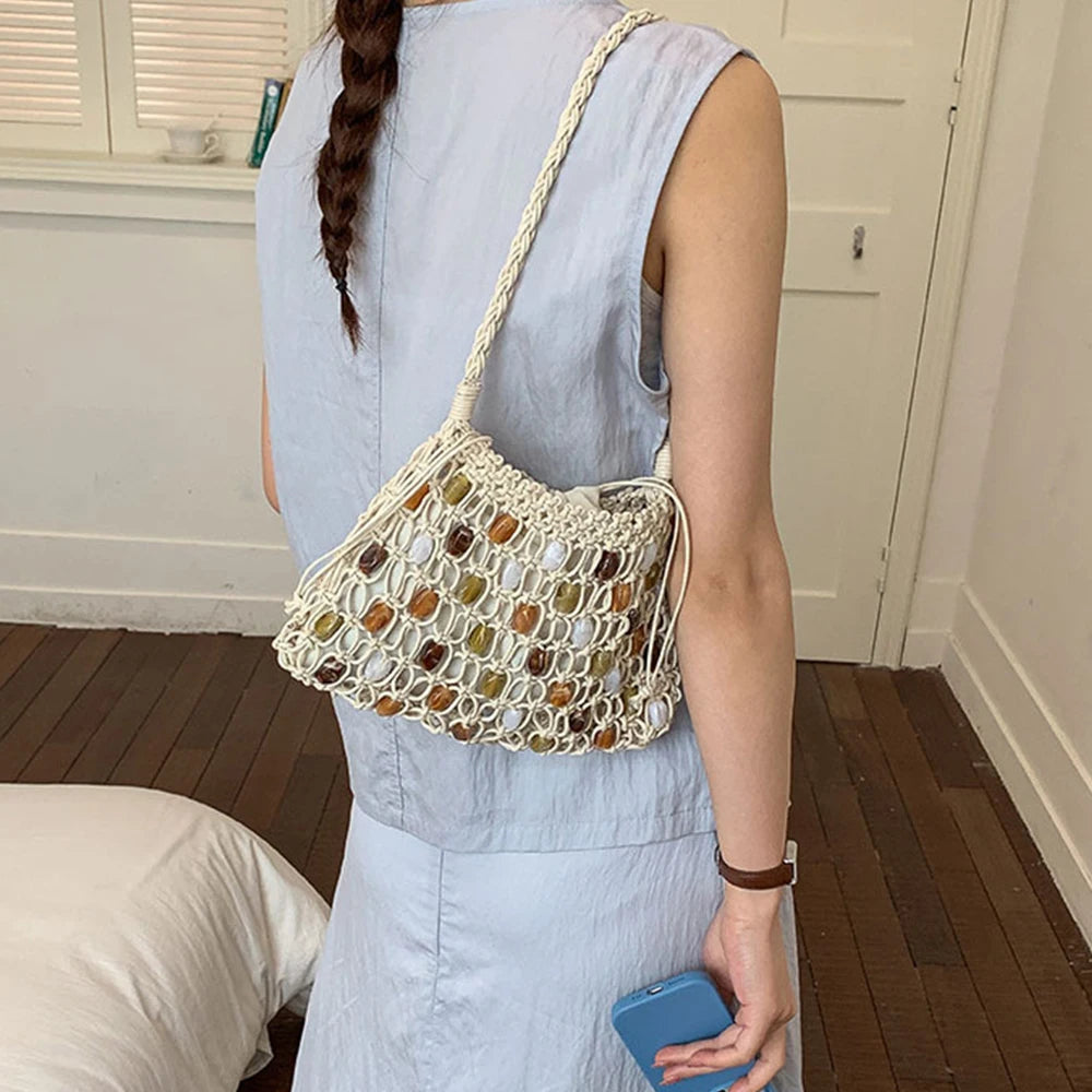 Hollow Beading Womens Shoulder Bag Rope Knitting Bohemian Crochet Mesh Tote Bag