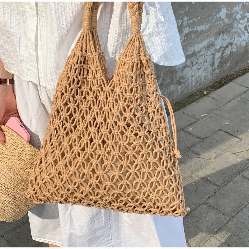 Hollow Crochet Mesh Shoulder Bag With Inner Pocket Women Solid Color Tote Bag