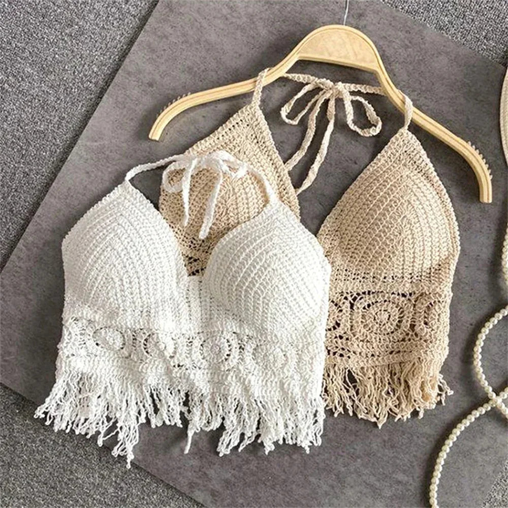 Haut court sexy en tricot avec pompons ajourés pour femmes, haut de plage estival
