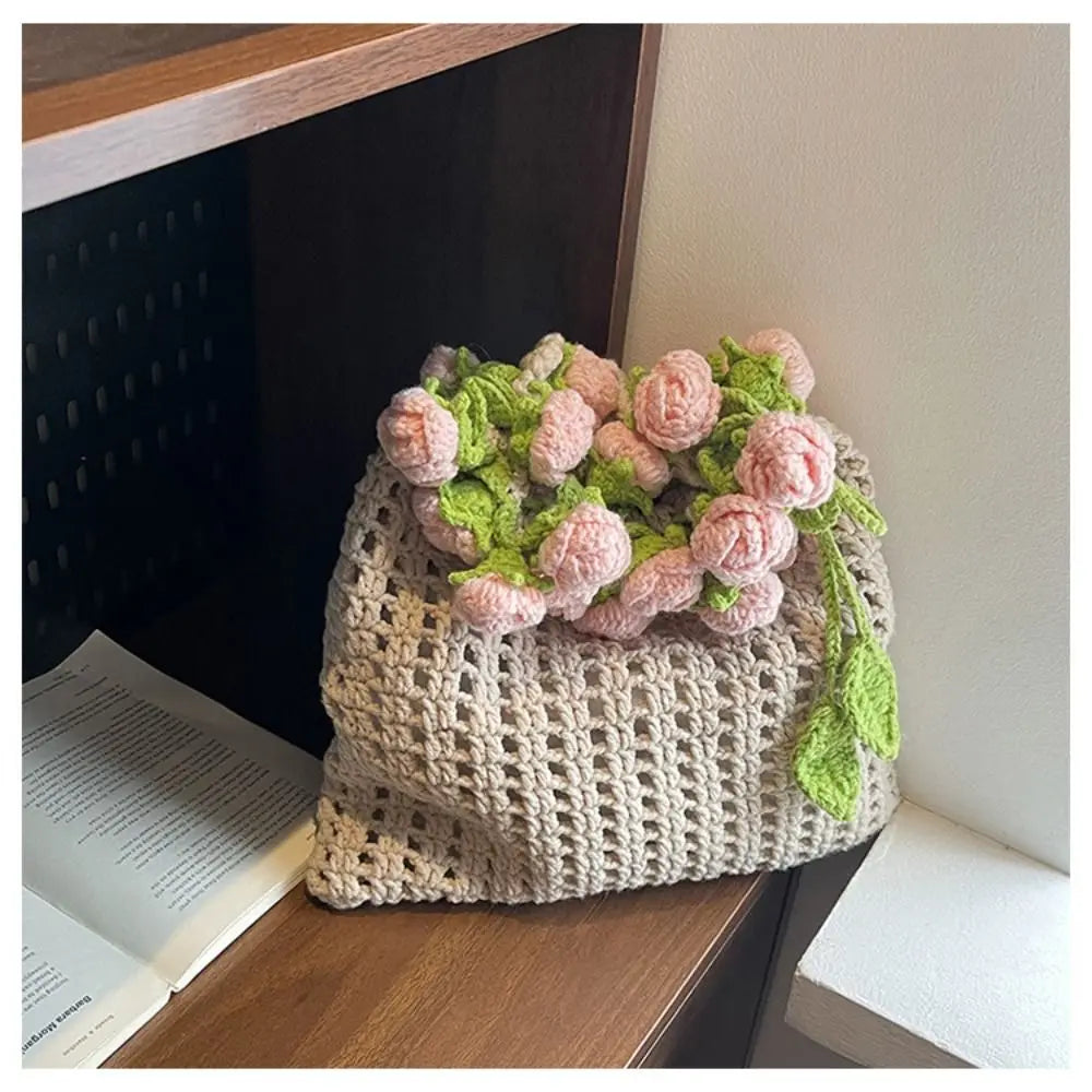 Bohemian Rose Crochet Rope Beach Bucket Bag With Flower Knitted Shoulder Bag