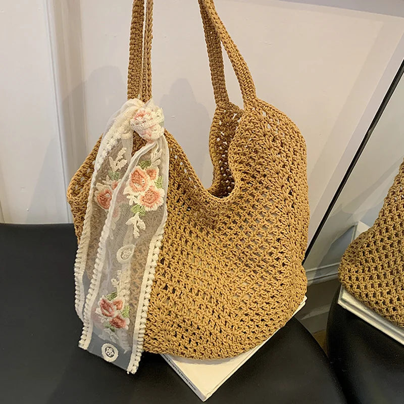 Summer Lace Bow Tote Bag For Women Raffia Rattan Crochet Shoulder Bag 2025