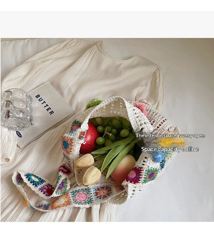 Knitted Tote Bag For Women Handmade Crochet Shoulder Beach Bag Capacity Travel