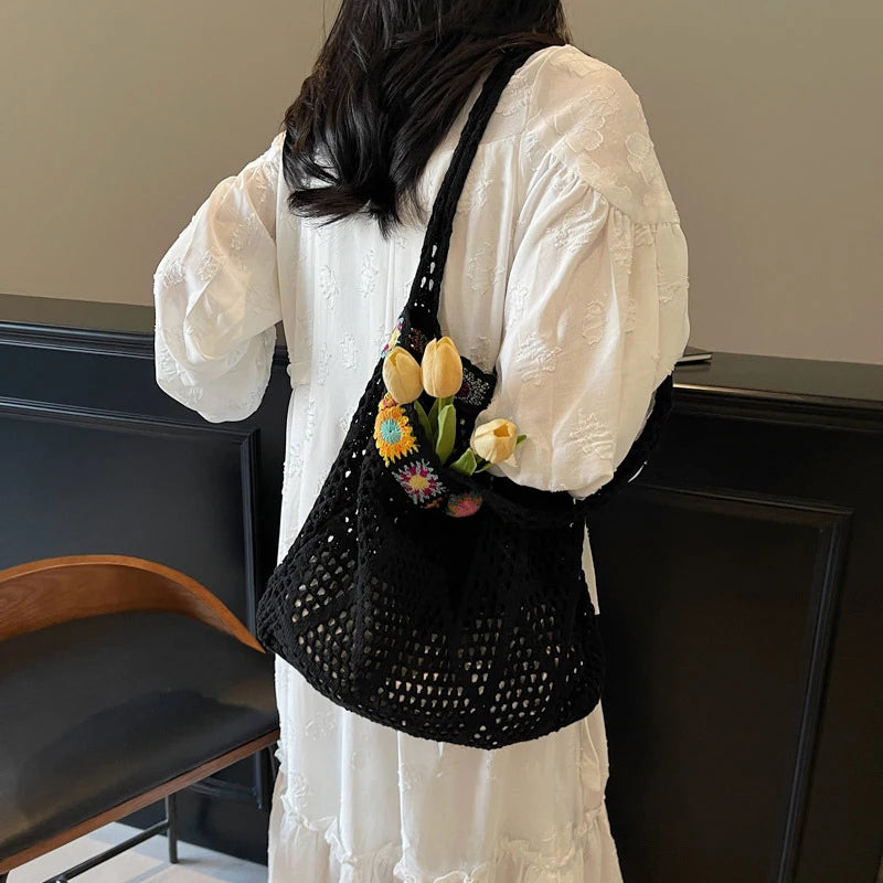 Bohemian Handmade Beach Tote Bag Beads Trim Straw Crochet Women Shoulder Bag