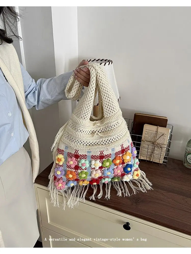 Women's Large Crochet Shoulder Tote Bag For Casual Daily Use School Commute