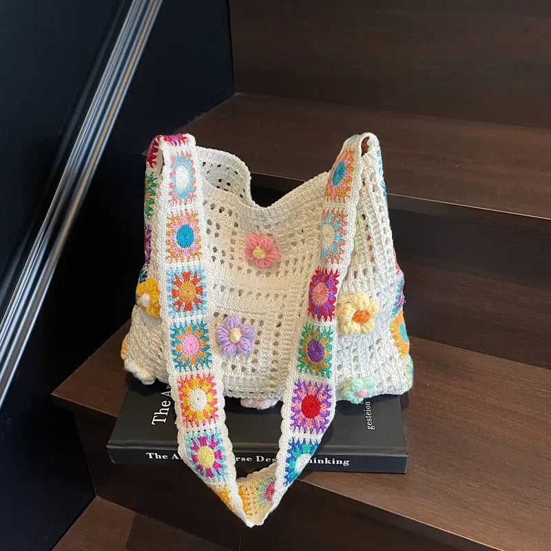 Sac fourre-tout tricoté pour femme Fait main Crochet Épaule Sac de plage Grande capacité Voyage