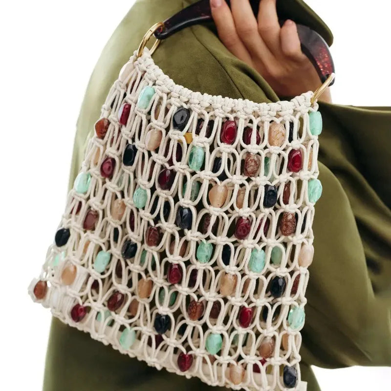 Bohemian Rope Crochet Women Bag Beading Beach Bag Handmade Woven Shoulder Bag