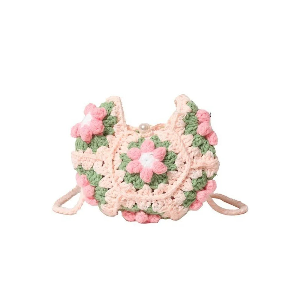 Sac à bandoulière en velours côtelé au motif floral, fait main au crochet