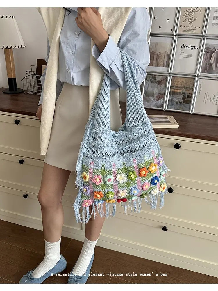 Women's Large Crochet Shoulder Tote Bag For Casual Daily Use School Commute