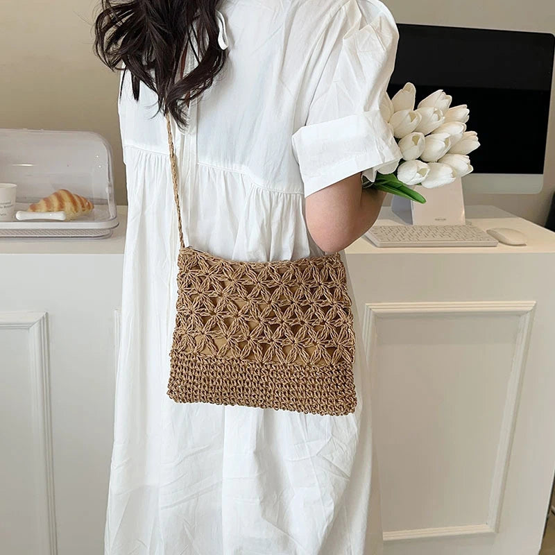 Women Beach Woven Straw Shoulder Messenger Bag Boho Crossbody Macrame Purse