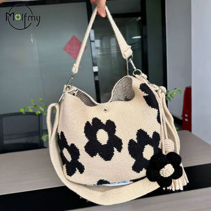 Handmade Crochet Flower Tote Bag Crossbody Purse Boho Beach Bag For Women