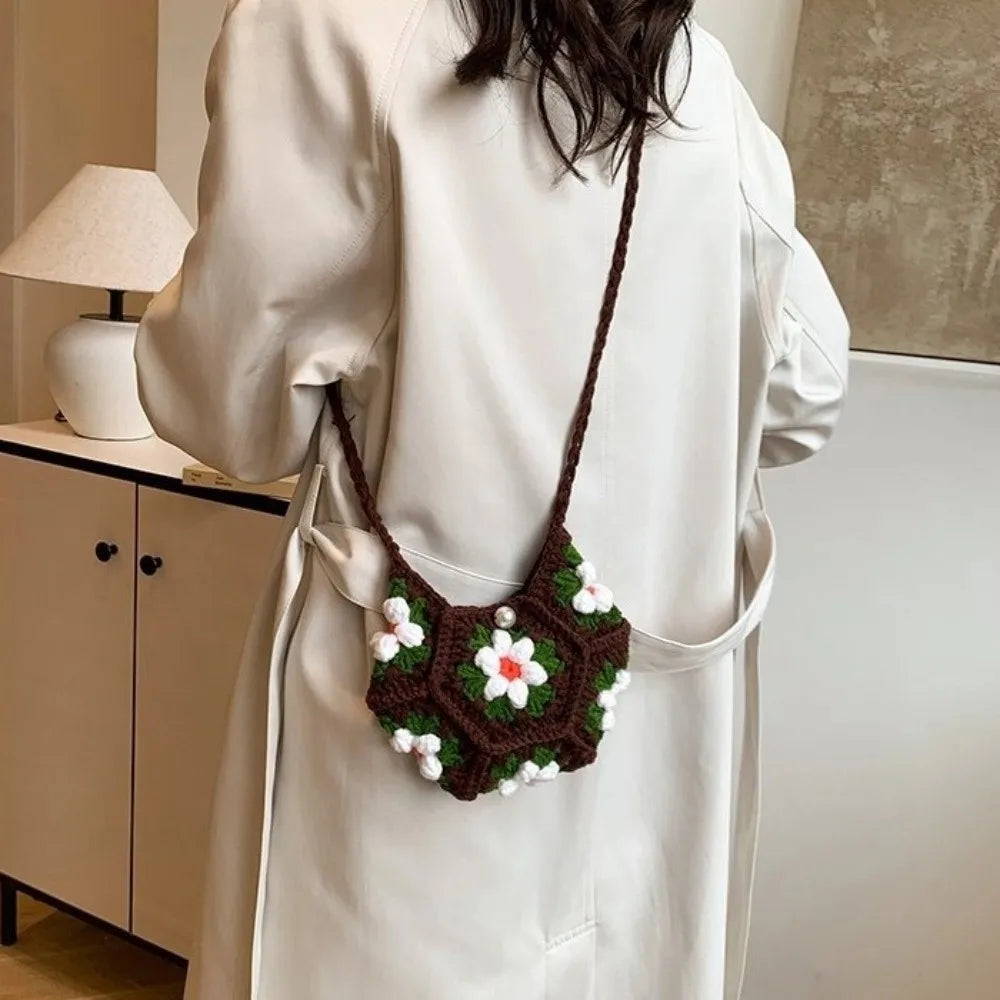Sweet Handmade Crochet Crossbody Bag Flower Pattern Corduroy Shoulder Bag