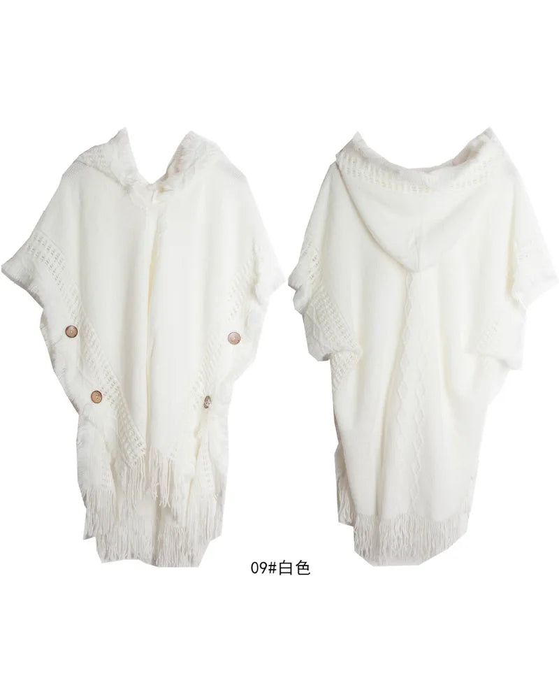 Hooded Crochet Cloak Poncho Shawl Boho Chic Knit Wrap For Women
