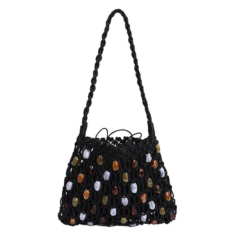 Sac à bandoulière femme en perles creuses, tricoté en corde, sac fourre-tout en crochet bohème.