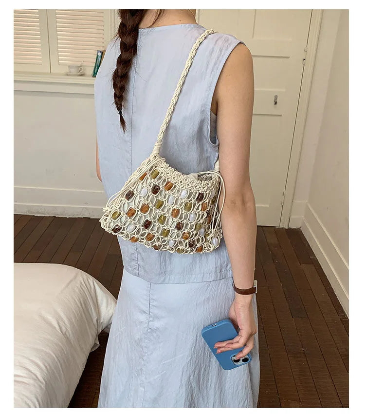 Hollow Beading Womens Shoulder Bag Rope Knitting Bohemian Crochet Mesh Tote Bag