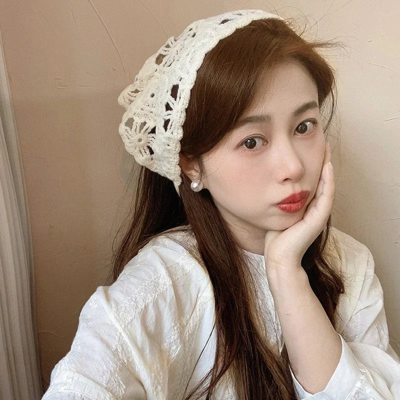 Fashion Knitted Headscarf Hat French Pastoral Triangle Headband Handmade Crochet