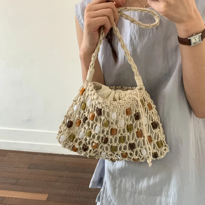 Hollow Beading Womens Shoulder Bag Rope Knitting Bohemian Crochet Mesh Tote Bag
