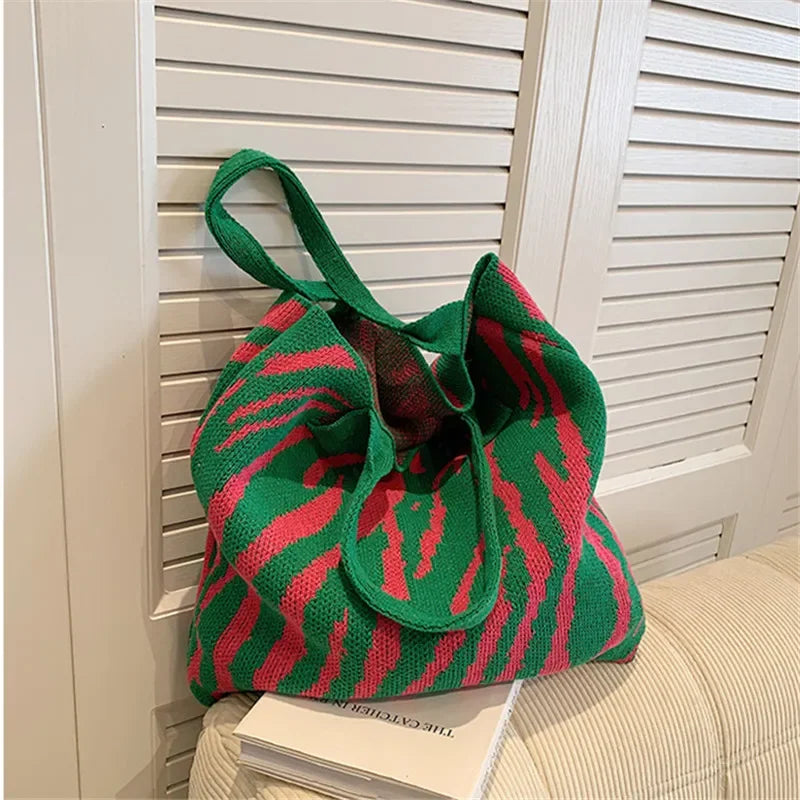 Zebra Pattern Knitted Crochet Bag Large Capacity Women Shoulder Tote